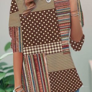 Casual Striped Crew Neck Long Sleeve T-shirt, T-shirts, color:Brown|size:XXL, catalog Noracora shop