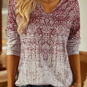 Ethnic Long Sleeve Notched Casual T-Shirt, T-shirts, color:Red|size:XXL, catalog Noracora shop
