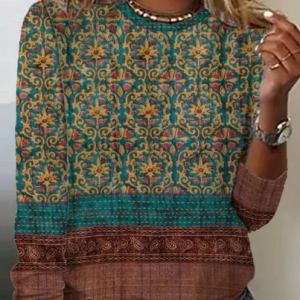 Casual Ethnic Crew Neck Jersey T-Shirt, Long sleeves, Lilicloth.com