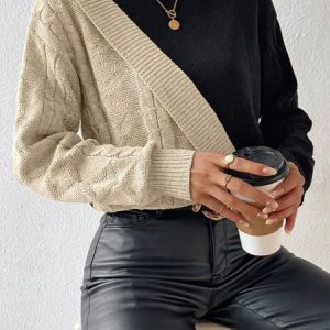 Women Yarn/Wool Yarn Color Block Long Sleeve Comfy Casual Sweater, Sweaters, color:Khaki|size:XL, catalog Noracora shop