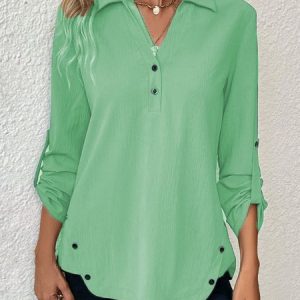 Notched Long Sleeve Plain Regular Micro-Elasticity Loose Blouse For Women, Blouses, color:darkgreen|size:XXL, catalog Noracora shop