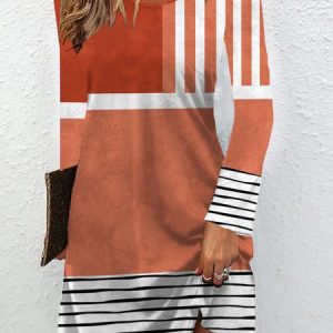 Women Striped Crew Neck Long Sleeve Comfy Casual Mini Dress, Dresses, color:Orange|size:XXL, catalog Noracora shop