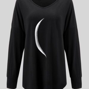 Moon Printed V Neck Casual Long Sleeve Shift Tunic Tops, Tops, color:Black|size:3XL, catalog Noracora shop