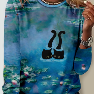 Cat Casual Crew Neck Long Sleeve Shirt, Long sleeves, Lilicloth.com