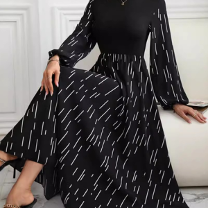 Women Geometric Long Sleeve Comfy Casual Lace Maxi Dress, Dresses, color:Black|size:XL, catalog Noracora shop