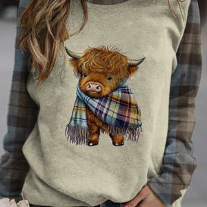 Checkered color blocked highland cattle sweatshirt, Hoodies&Sweatshirts, Lilicloth.com