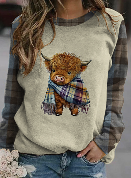 Checkered color blocked highland cattle sweatshirt, Hoodies&Sweatshirts, Lilicloth.com