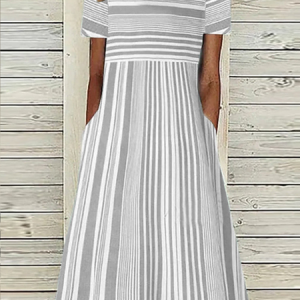 Women Short Sleeve Maxi Dress V-neck Striped Dress, Midi, color:Gray|size:XXL, catalog Noracora shop