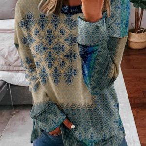 Women's Crew Neck Nationality/ethnic Casual Spring/Fall Long Sleeve Sweatshirt, JustFashionNow Sweatshirts & Hoodies, color:Cyan|size:4XL,