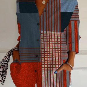 Shirt Collar Long Sleeve Geometric Regular Loose Shirt For Women, Shirts, color:Multicolor|size:XXL, catalog Noracora shop