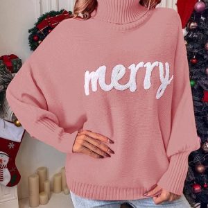 Women Yarn/Wool Yarn Text Letters Long Sleeve Comfy Casual Sweater, Sweaters, color:Pink|size:XL, catalog Noracora shop