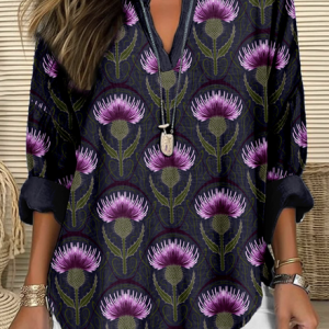 Women's Floral Long Sleeve Shirt Spring/Fall V Neck Daily Casual Top, JustFashionNow Blouses, color:Dark Blue|size:5XL,