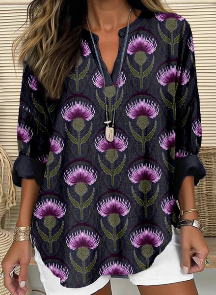 Vintage Scottish Thistle Pattern Linen Blend Cozy Shirt, Blouses, Lilicloth.com