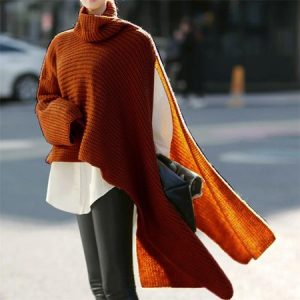 Women Yarn/Wool Yarn Plain Long Sleeve Comfy Casual Sweater, Sweaters, color:Brick Red|size:5XL, catalog Noracora shop