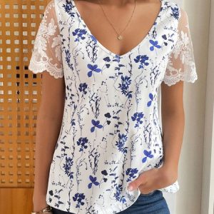 Lace Floral Casual V Neck tunic Shirt, Blouses, color:Blue|size:XXL, catalog Noracora shop