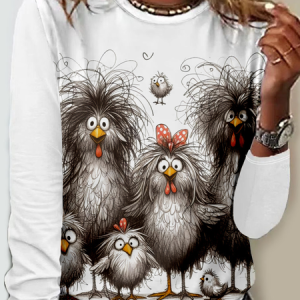 Animal Crew Neck Loose Casual T-Shirt, Long sleeves, Lilicloth.com