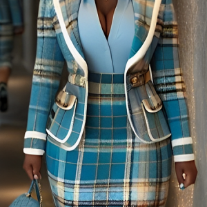 Urban Lapel Collar Plaid Blazer, Blazers, color:Blue|size:XXL, Stylewe