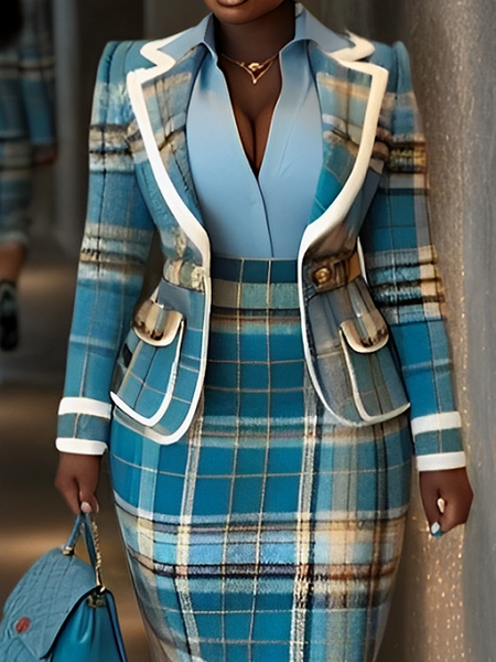 Urban Lapel Collar Plaid Blazer, Blazers, color:Blue|size:XXL, Stylewe