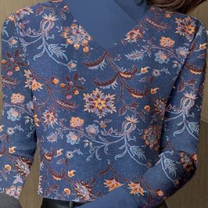 Vintage Floral Mock Neck Long Sleeve T-shirt, T-shirts, color:Deep Blue|size:XXL, catalog Noracora shop