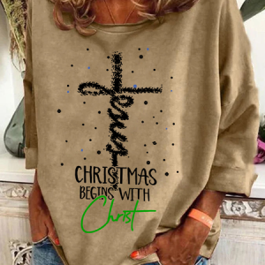 Christmas Begins With Christ Snowman Print Casual Sweatshirt, Hoodies&Sweatshirts, Lilicloth.com