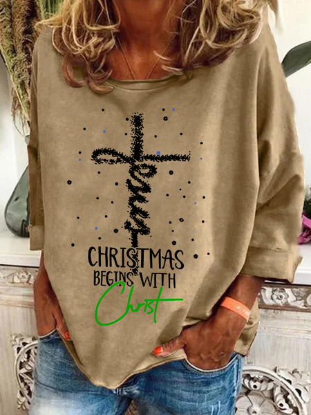 Christmas Begins With Christ Snowman Print Casual Sweatshirt, Hoodies&Sweatshirts, Lilicloth.com