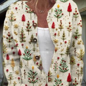 Women Holiday Knitted Floral Print Long Sleeve Comfy Casual Cardigan, Cardigans, color:Apricot|size:5XL, catalog Noracora shop