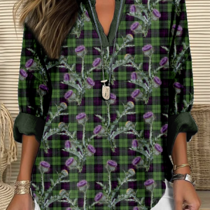 Plant floral print V-neck casual long sleeved shirt, Blouses, Lilicloth.com