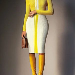 Urban Color Block Regular Sleeve Turtleneck Sweater Dress, Midi Dresses, color:White-Yellow|size:XXL, Stylewe