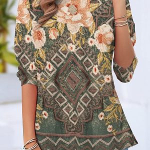 Casual Floral Crew Neck Long Sleeve T-shirt, T-shirts, color:darkgreen|size:XXL, catalog Noracora shop