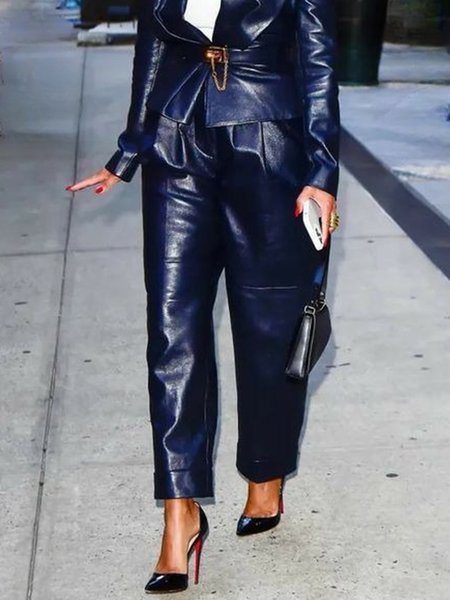 Urban Elastic Waist Faux Leather Pants, Leather Pants, color:Blue|size:XXL, Stylewe