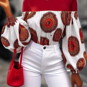 Elegant Geometric Balloon Sleeve Blouse, Blouses and Shirts, color:As Picture|size:XXL, Stylewe