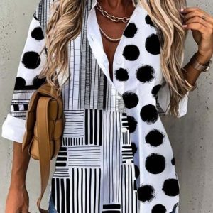 Shirt Collar Long Sleeve Striped Regular Loose Shirt For Women, Shirts, color:Black|size:XXL, catalog Noracora shop
