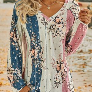 Long sleeve V Neck Floral Casual T-Shirt, T-shirts, color:Multicolor|size:XXL, catalog Noracora shop