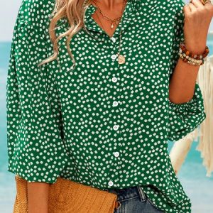 3/4 Sleeve Boho Floral Printed V Neck Casual Top, Shirts, color:Green|size:5XL, catalog Noracora shop