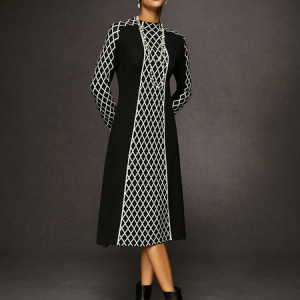 Casual Geometric Loose Sweater Dress, Midi Dresses, color:Black-white|size:XXL, Stylewe