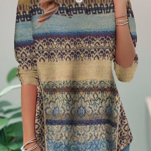 Vintage Ethnic Crew Neck Long Sleeve T-shirt, T-shirts, color:Khaki|size:XXL, catalog Noracora shop