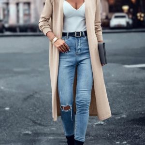 Women's Plain Zipper Regular Loose Jacket, Cardigans, color:Khaki|size:3XL, catalog Noracora shop