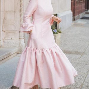 Elegant Plain Ruffle Sleeve Crew Neck Maxi Dress With Belt, Maxi Dresses, color:Light Pink|size:XXL, Stylewe
