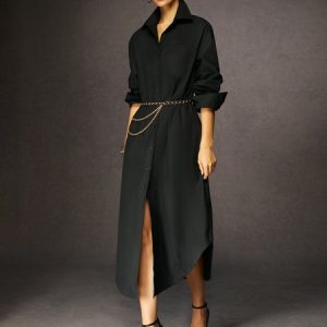 Urban Plain Shirt Collar Black Maxi Dress, Maxi Dresses, color:Black|size:XXL, Stylewe