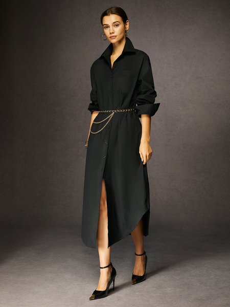 Urban Plain Shirt Collar Black Maxi Dress, Maxi Dresses, color:Black|size:XXL, Stylewe