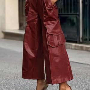 Pocket Loose Plain Urban Faux Leather Pants, Pants, color:Wine Red|size:XXL, Stylewe