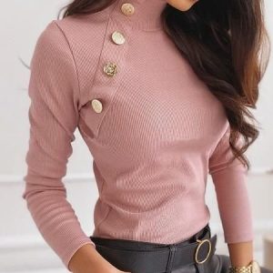 Turtleneck Long Sleeve Plain Lace Regular Micro-Elasticity Loose Blouse For Women, Blouses, color:Pink|size:XL, catalog Noracora shop
