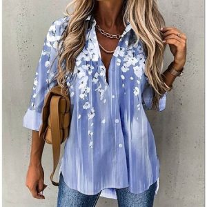 Shirt Collar Long Sleeve Striped Regular Loose Shirt For Women, Shirts, color:Blue|size:5XL, catalog Noracora shop