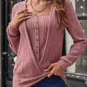 Long Sleeve Plain Regular Loose Mock Two-Piece Blouse For Women, Blouses, color:Pink|size:3XL, catalog Noracora shop