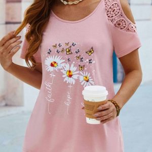 Floral Butterfly Printed Vacation Loosen Scoop Neckline Short Sleeve T-Shirt, T-shirts, color:Pink|size:XXL, catalog Noracora shop