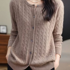 Women Wool/Knitting Plain Long Sleeve Comfy Casual Buckle Cardigan, Cardigans, color:Camel|size:XXL, catalog Noracora shop