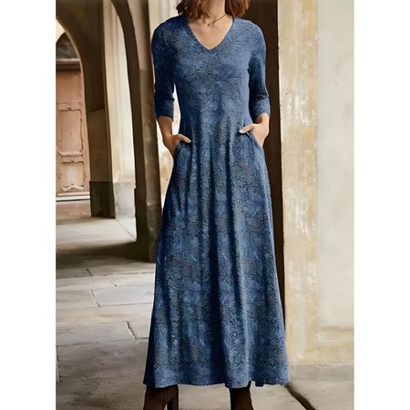 Women's Long Sleeve Spring/Fall Floral Jersey Dress V Neck Daily Going Out Casual Maxi H-Line, JustFashionNow Dresses, color:Blue|size:3XL,
