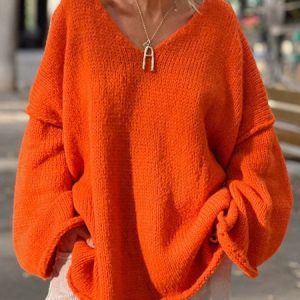 Women Yarn/Wool Yarn Plain Long Sleeve Comfy Casual Sweater, Outerwear, color:Orange|size:XL, catalog Noracora shop