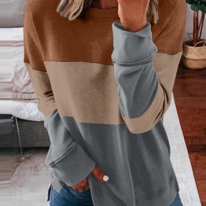 Casual Crew Neck Color Block Sweatshirt, Hoodies & Sweatshirts, color:Brown|size:XXL, catalog Noracora shop