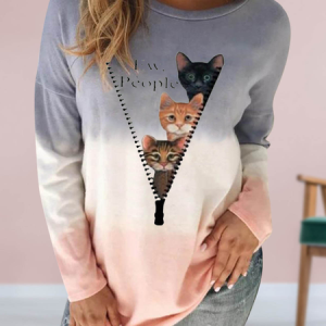 Crew Neck Long Sleeve Cat Regular Micro-Elasticity Loose Blouse For Women, Blouses, color:Blue|size:5XL, catalog Noracora shop
